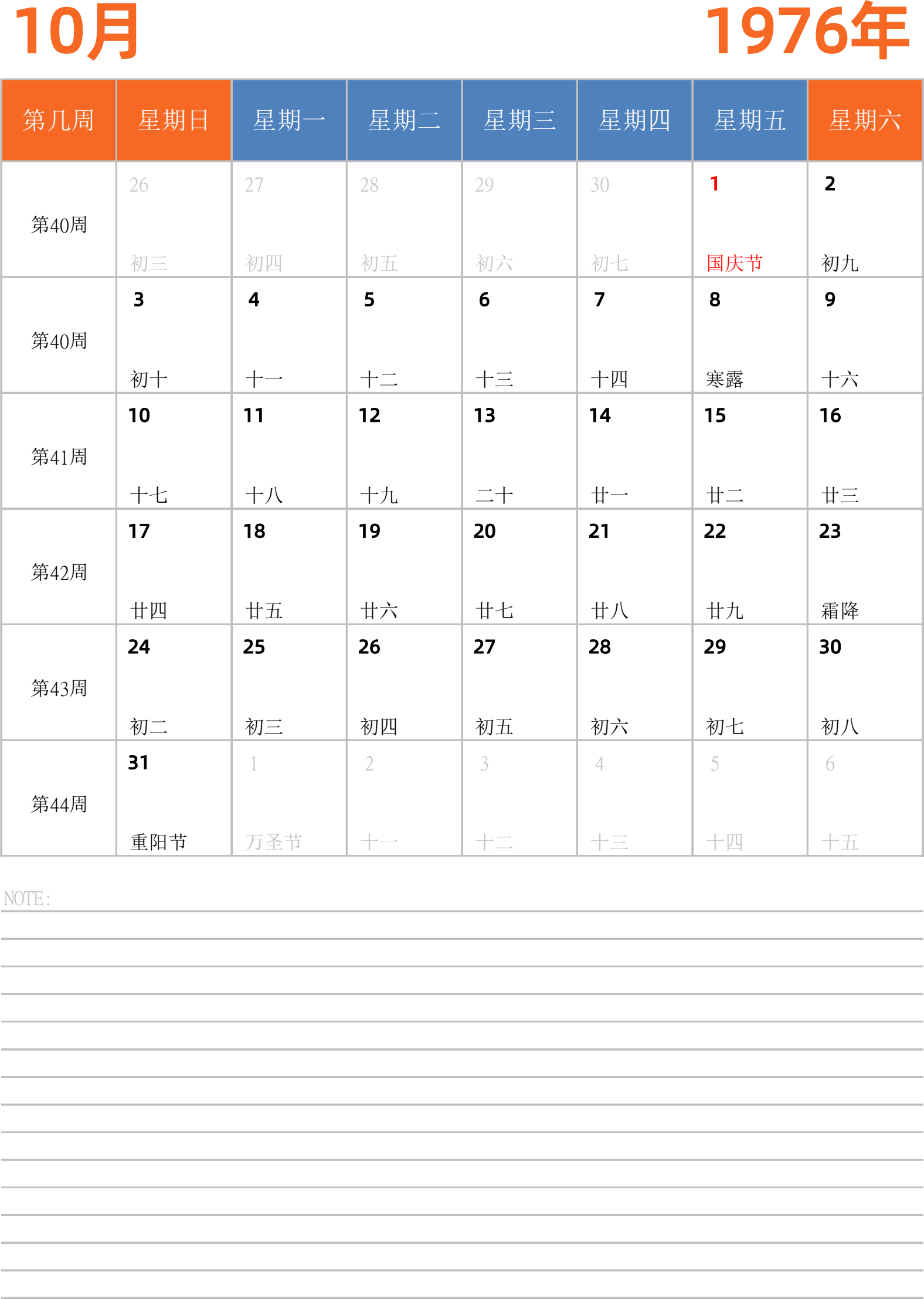 日历表1976年日历 中文版 纵向排版 周日开始 带周数